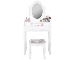 EUCO Coiffeuse avec Miroir et Tabouret, Coiffeuse Moderne Blanche Table de Maquillage en Bois,Tiroir à 4 Fleur,Coiffeuse Enfant/Femme,Meubles de Salle de séjour