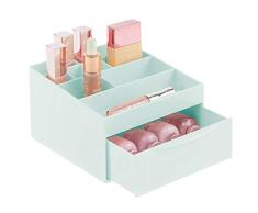 mDesign organiseur maquillage pour salle de bain ou coiffeuse – rangement salle de bain pratique en plastique – rangement cosmétiques avec 11 compartiments et 1 tiroir – vert menthe