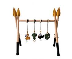 HB.YE Portique d’Éveil en Bois Gym d’activite Centre avec 4 Anneaux De Dentition Suspendus et Housse Protection de Pied - Noir Jaune