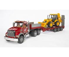 Bruder - 2813 - Véhicule Miniature - Camion de transport Mack Rouge avec Tractopelle JCB 4CX Jaune