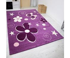 VIMODA Enfants Tapis Moderne, Fleurs étoiles,Couleur Mauve - ÖKO TEX certifié - Facile à entretenir - Violet, Violet, 60 cm x 110 cm