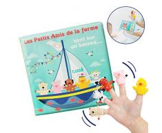 LUDI - Livre déveil en plastique pour jouer à lheure du bain. Dès 10 mois. 5 marionnettes de doigts : mouton, cochon, chien, canari et vache. Facile à nettoyer. Développe le langage - 40017