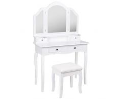 EUCO Coiffeuse avec Miroir et Tabouret, Coiffeuse Moderne Blanche Table de Maquillage en Bois,3 Miroir 4 tiroirs,Coiffeuse Enfant/Femme,Meubles de Salle de séjour