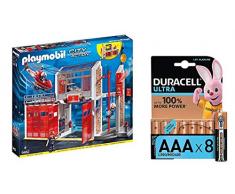 Playmobil Lot Caserne de Pompiers avec hélicoptère - 9462 + Duracell Ultra Power Piles Alcalines Type AAA, 8 Piles