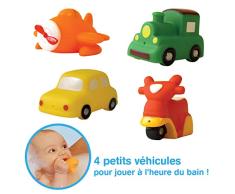 LUDI - Petits jouets en plastique pour jouer dans le bain. Dès 6 mois. 4 transports arroseurs rigolos : voiture, avion, scooter et train. Jouet à emmener à la plage. Aspergeurs transports - réf. 2223