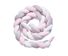 DQMEN Tour de lit coussin Serpent Coussin Tressé pare-chocs Velours Protection bébé sécurité 100% Fait à Main Doux et Souple (Blanc + rose + gris, 200cm/78inch)