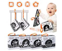 TUMAMA Livres en Tissu Doux pour bébés,Jouets pour Nouveau-nés Livre déveil Noir et Blanc avec des Animaux,Fruits,des légumes,Jouet dapprentissage Cadeau pour Bébé,Tout-Petits(4 Paquets)