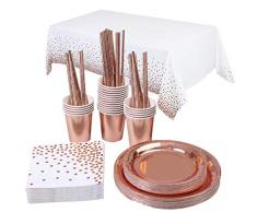 Topways® Rose et Or Lot Gobelets et Assiettes Jetables, Nappe de Table Assiette Dîner Tasse Serviette Papier Goblets en Papier Pailles Fête Anniversaire Kit Rose Gold 16 Invités