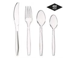 400 Pièces Couverts en Plastique Transparent - Solide & Robuste| Jetables et Réutilisables - (100 Cuillères, 100 Fourchettes, 100 Couteaux, 100 Cuillères à Café) - pour Fêtes, Anniversaires etc