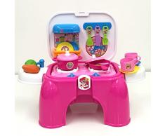 deAO Cuisine Jeux d'imitation Playset Coffret & Tabouret Portátiles 2in1 Avec Accessoires Inclus (Cuisine Rose)