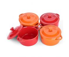 LIFVER Ramequins, 200ML Crème Brulée Céramique avec Couvercle, Moules à Soufflé pour Four, Mini Casserole, Bols à Trempette-4 Paquets, Rouge Cerise et Orange, Rond