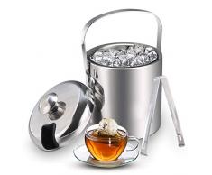 Sailnovo Seau à Glace en Acier Inoxydable avec Pinces et Couvercle Champagne et Seau à vin Seau à Glace à Double paroi isolé pour Refroidissement Long 1,3 L, Argent