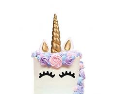 LUTER 5 Pièces Doré Licorne Décorations Gâteau Cake Topper, Licorne Klaxon Oreilles et Cils Set Licorne Décoration de Fête pour Lanniversaire/Noce (6 x 1.37)