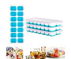 Queta Bac à Glaçons 4 PCS Cubes à Glaçons en Silicone avec Couvercle Ice Cube Tray 14 Compartiments pour Whisky, Cocktail, Boissons, Blanc + Bleu