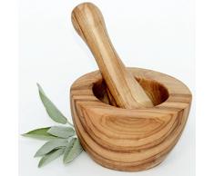 Figura Santa Mortier et Pilon en Bois dolivier ROTONDA. Bois dolivier joliement coloré. Diamètre 10 cm, Hauteur 6 cm. Pilon 12.5 cm.