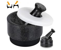 COSYLAND Mortier et Pilon en Granit Naturel Durable, Grande Capacité, Utilisable en Double Face, Concasseur pour Epices et Herbes Cuisine, avec 2 Pilons 2 Base en Silicone Anti-dérapante, Noir