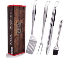 RWM Barbecue Outil de Grill pour Barbecue – Rallonge très épaisse intégrée en Acier Inoxydable, spatule, Pinceau, Fourchette et Pinces géantes