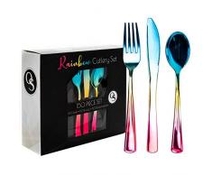 150 Pcs Couverts en Plastique Jetables, Couleur Arc En Ciel| 50 Couteaux 50 Fourchettes & 50 Cuillères| Qualité Supérieure| Solide & Réutilisable| pour Mariages Anniversaires Fêtes.