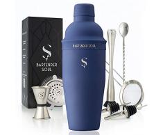 Complet Cocktail Kit Professionnel (Bleu) - Shaker 750ml 0,7mm, Passoire Hawthorne et Filtre Fin, Verre Jigger, Cuillère, Muddler, Verseurs Bouteilles et Recettes - Acier Inoxydable de Haute Qualité