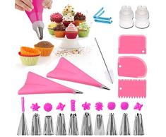 Douilles Pâtisserie, 20 Pièces en Acier Inoxydable DIY Kits, 10 Douilles, 2 poche à douille en silicone 2 Coupleurs, 3 cornes et peignes à gâteau, 2 adaptateurs, Brosse, Cupcakes et Cookies (pink)