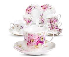 Ensemble de 6 Tasses à Expresso Café et Soucoupes - 80ML Service à Café Fine Porcelaine Anglaise Fleur Tasse à Thé pour Noël Cadeau Anniversaire