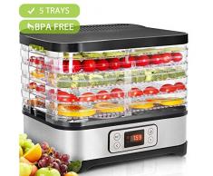 Hopekings Déshydrateur Alimentaire 250W avec Thermostat Réglable, Déshydrateur de Fruits 5 Plateaux, INOX Gris