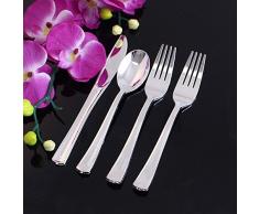 Party Bargains Couverts jetables argentés | Collection Dynasty Élégant et lourd argenterie polie (fourchettes, couteaux, cuillères) – Lot de 160 pièces