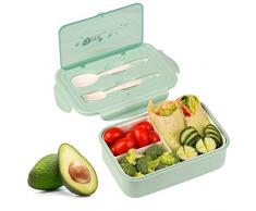KATELUO Boîtes Bento Lunch Box- 1400 ml de Sécurité LeakProof Boîtes à lunch 3 compartiments, Avec une Cuillère et une Fourchette, au Micro-ondes Réfrigérateur Lave vaisselle Sécurité (Vert clair)