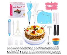 Omew Plateau Tournant de Gâteau, Kit de Pâtisserie 106pcs Décoration Professionnel Ustensiles Kit pour Glaçage, Déco, Poches, Douilles, Spatules et Cornes etc.Un Cadeau Génial.