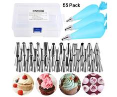 NEXGADGET Kit de Décoration de Gâteau 55 Pièces, 48 Douilles en Acier Inoxydable + 3 * Poche Pâtissière en Silicone + 3 * Coupleurs, Ustensiles à Pâtisserie