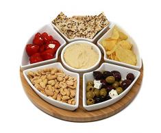 Maison & White Ensemble de trempage rotatif Susan paresseux | Plateau de service tournant en bambou avec 6 bols à collation en céramique | Idéal pour les trempettes, apéritifs et collations