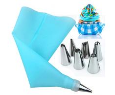 AukCherie Douilles Pâtisserie, 8 Pièces en Acier Inoxydable DIY Kits, 6 Douilles, 1 Poche Pâtisserie, 1 Coupleurs, DIY Kits pour Décoration de Gâteaux (Blue -1)