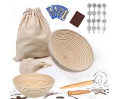 Banneton Panier à pain rond 22,9 cm 25,4 cm avec 6 outils de cuisson – Doublure en tissu, sac à pain, fouet, grattoir, 16 pochoirs, Lames (1 + 4 lames remplaçables)