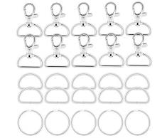 Jalan 60 Pinces à Homard pivotantes en métal mousquetons avec Anneaux en D et Porte-clefs pour Bricolage, projets de Couture, Sacs a Dos, Sacs à Main - Argent