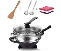 Sooiy Grand antiadhésif Wok électrique avec Couvercle, 32cm électrique Chinois Wok Asie, en Acier Inoxydable Vapeur casseroles poêle légumes 12inch, Frire Induction de Protection Contre Les,Noir