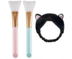 AMACOAM 2 Pièces Pinceau Masque Visage Pinceau Silicone Masque Applicateur Brosse et 1 Pièces Bandeau Cheveux Maquillage Oreilles Chat, Elastique Turban Doux Serre-tête Nylon Brosse de Masque