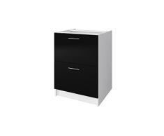 Obi Meuble Bas casserolier avec 2 tiroirs l 60 cm - Blanc et Noir laqué Brillant