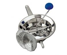 Presse purée fonction manuelle. En acier inoxydable 18/10 avec filets interchangeables et trois pieds pliables.