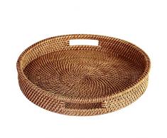 TOOGOO Plateau en Rotin avec PoignéE - Plateau en Osier Polyvalent Tissé à la Main avec Fibre de Rotin Durable (Rond 13,5 Pouces de DiamèTre, Naturel)