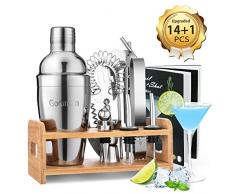 Godmorn 14 pièces Cocktail Set Bar Kit Bar Tool Set, Shaker à Martini en Acier Inoxydable de 500ml avec Support en Bois, Double Jigger, Cuillère à mélanger, 2 Verseurs, Livret de 20 Recettes
