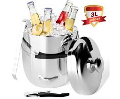 Peradix Seau à Glace Double Paroi en Acier Inoxydable 3L ,Seau a Glacons avec couvercl, poignée et Tire Bouchon,Seau a Vin Glacon Isotherme Seau à Champagne pour Fêtes Cadeau de Vacances(Argent)