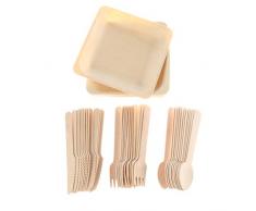 Amosfun 48pcs vaisselle jetable en bois ensemble assiettes plates cuillères fourchettes couteaux couverts jetables ensemble pour travelcamping mariages partie