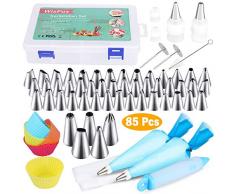 WisFox Douilles Pâtisserie, 85 Acier Inoxydable DIY Kits, 50 Douilles, 22 Poche Pâtisserie, 2 Clous à Fleur, 1 Stylo Gateau, 5 Douille Cupcake, 4 Coupleurs, 1 Pinceau pour Décoration de Gâteaux