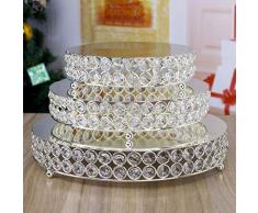 H & D 3-set présentoirs à gâteaux ronds Présentoir à cupcakes Présentoir à Dessert avec perles de cristal (Argent)