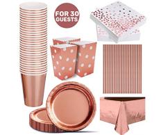 iZoeL Vaisselle Jetable Or Rose Anniversaire Nappe Assiettes Serviettes Popcorn Boîtes Papier Tasses Papier Paille pour Décoration fête Mariage Anniversaire Or Rose 30 invités