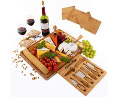 Grande Planche de Fromage en Bambou comprenant des sous-verres - Plateau, tiroir coulissant avec tire-bouchon, bouchon de bouteille, 6 couteaux , et fourchettes de service - cadeau idéal - de PlaNet