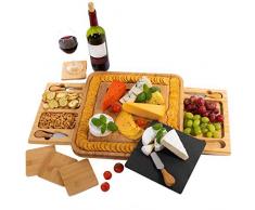Planche à Fromage en Bambou, En Ardoise et Dessous De Verre - Plateau, 2 tiroirs avec 4 couteaux en acier inoxydable - Le cadeau idéal - de PlaNet