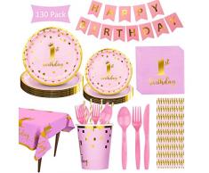 DreamJing Anniversaire 1 an Fille Vaisselle 130pcs Servir 16 Invités - Jetable Assiette Gobelet Serviette Nappe Couteau Fourchette Cuillère pour Anniversaire 1 an Fille Rose et Or