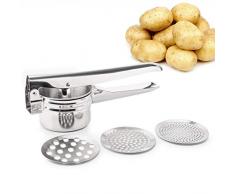 FUKTSYSM Presse purée - Presse à Pommes Pomme de Terre en Acier Inoxydable Ricer, Pomme de Terre Masher Presse à la Main Purée Fruits légumes Presse-Agrumes avec 3 disques interchangeables (argenté)