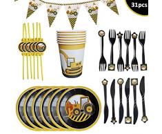 WENTS Vaisselle de Fête 31 Pcs Construction Fête Vaisselle Ensemble Assiette Jetable Tasses Couteau Fanion pour Anniversaire Construction Fête Décoration (6 Invités)